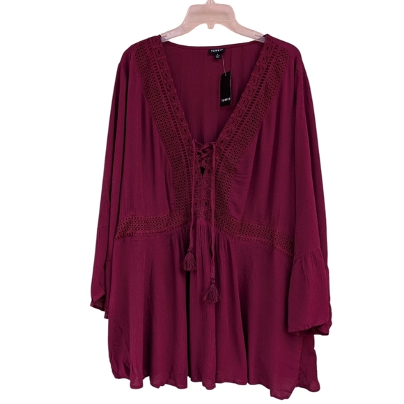 TORRID Babydoll Gauze Crochet Trim Lace-Up Top NWT - Picture 2 of 7